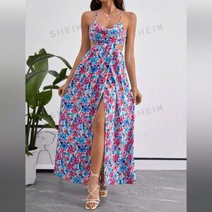 SHEIN VCAY Women's Floral Print Hollow Out Waist Straps Sundress